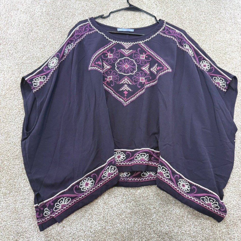 Octavia Purple Embroidered Poncho Blouse Large Floral Boho Womens Top Festival